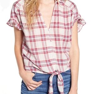 PAIGE Top Button Front Tie Split Neck Short Sleeve Plaid Cream Red Grey L NWT